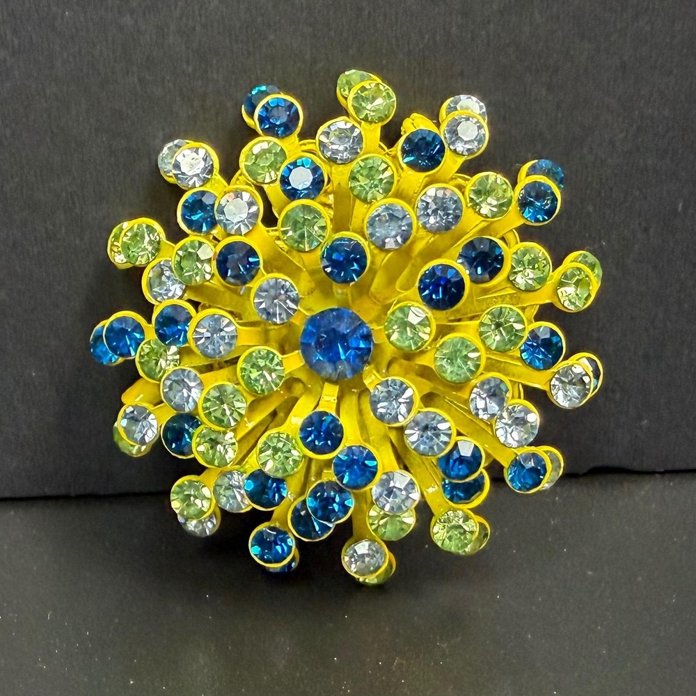 Vintage Atomic Brooch Yellow Blue Green Clear Rhinestones Sputnik Starburst - Picture 7 of 14